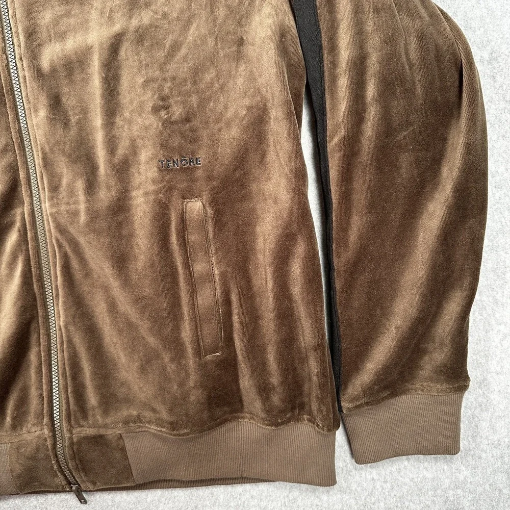 Tenore Jacket Mens Large Brown Velour Full Zip Track Suit Top Black Stripe Retro